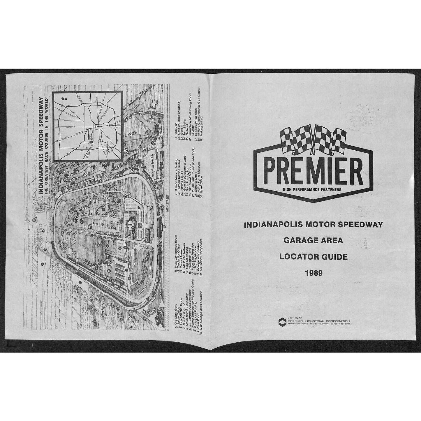 1989 Indy 500 Premier Co. Indianapolis Motor Speedway Garage Area Guide Sheet