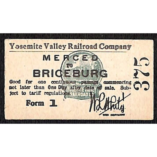 Yosemite Valley Railroad Ticket c1936 Merced to Briceburg #375 Unused