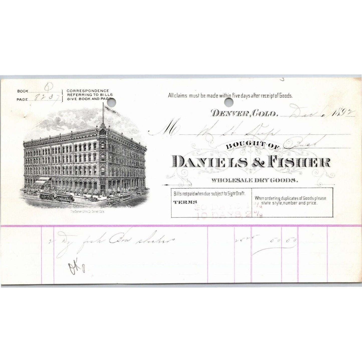 1892 Denver, CO Daniels & Fisher Wholesale Dry Goods Letterhead - M.H. Keefe