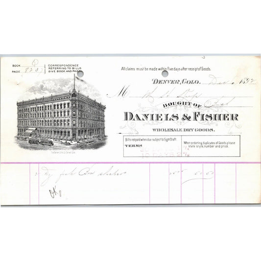 1892 Denver, CO Daniels & Fisher Wholesale Dry Goods Letterhead - M.H. Keefe