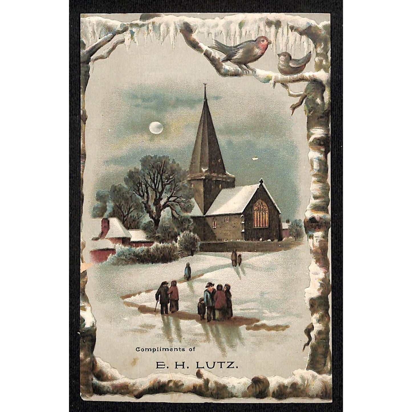 E.H. Lutz Victorian Trade Card New Raisins, Currants Citron Winter Church Scene
