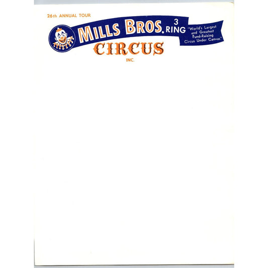 Miller Bros. 3 Ring Circus Letterhead "Greatest Fund Raising" Clown c1965 Scarce