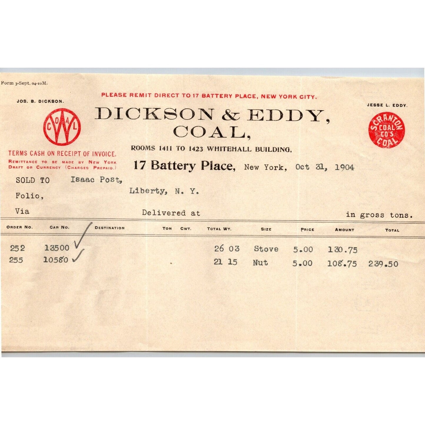 Dickson & Eddy Coal 17 Battery Place, NYC to: Isaac Post 1904 Billhead