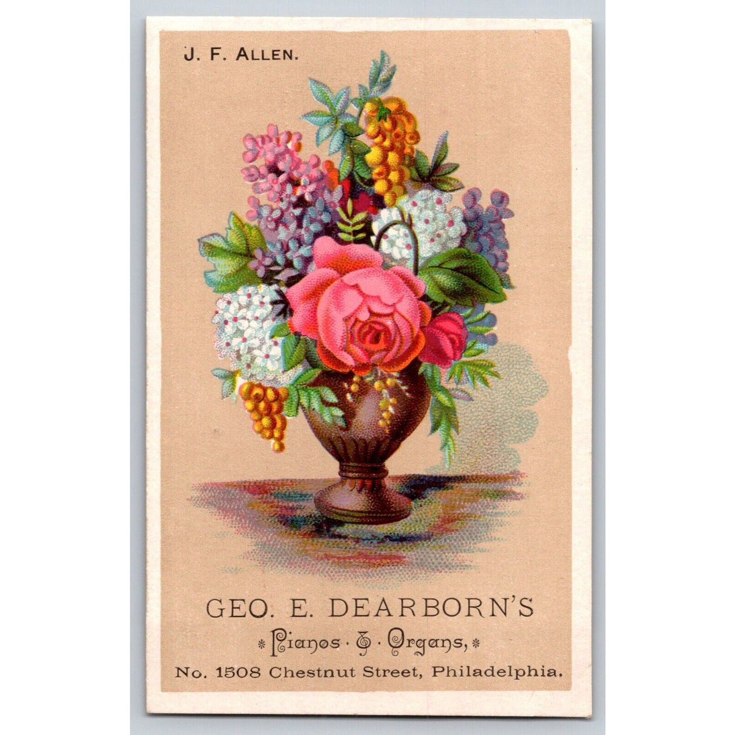 Geo. E. Dearborn's Pianos Organs Philadelphia Victorian Trade Card Flowers Vase