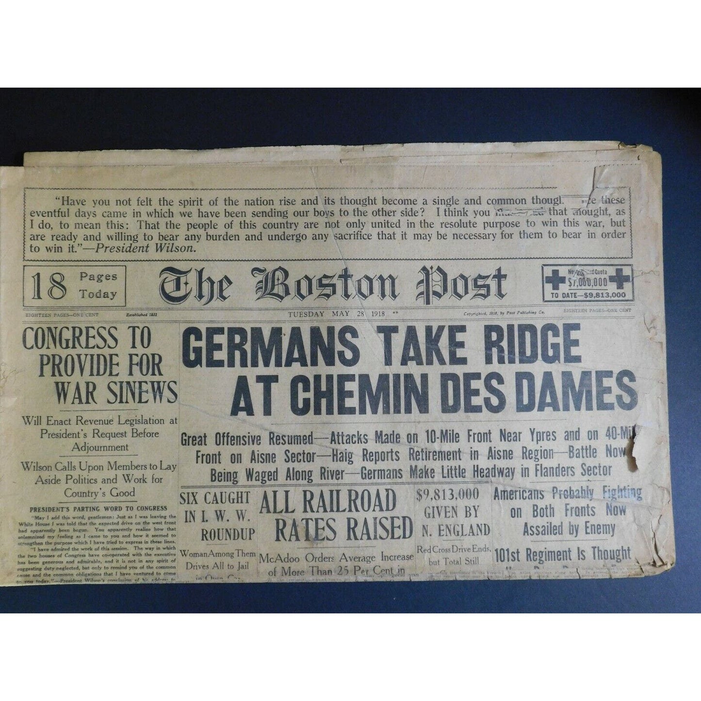 WWI Era Newspaper - The Boston Post - May 28 1918 - 4 pgs.