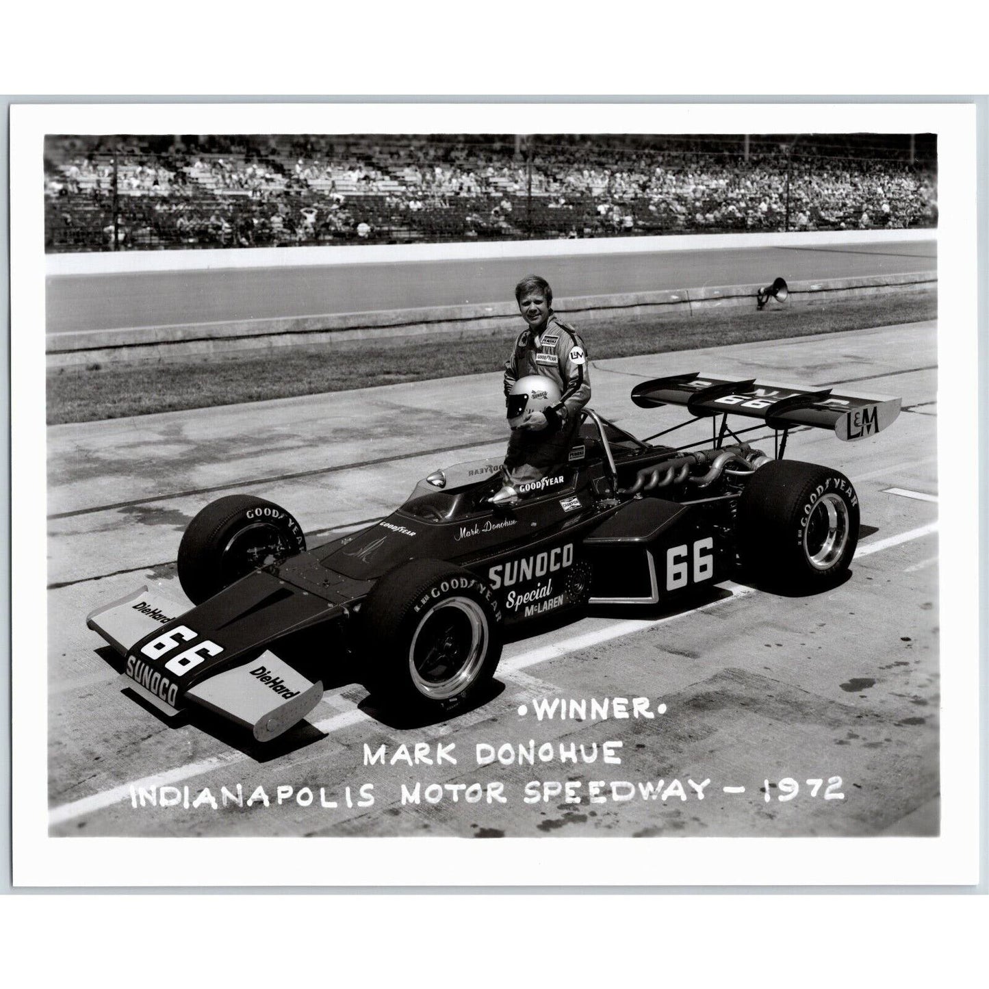 Mark Donohue Indy 500 Winner 1972 - 8 x 10 Glossy B&W Photograph VGC Stamped