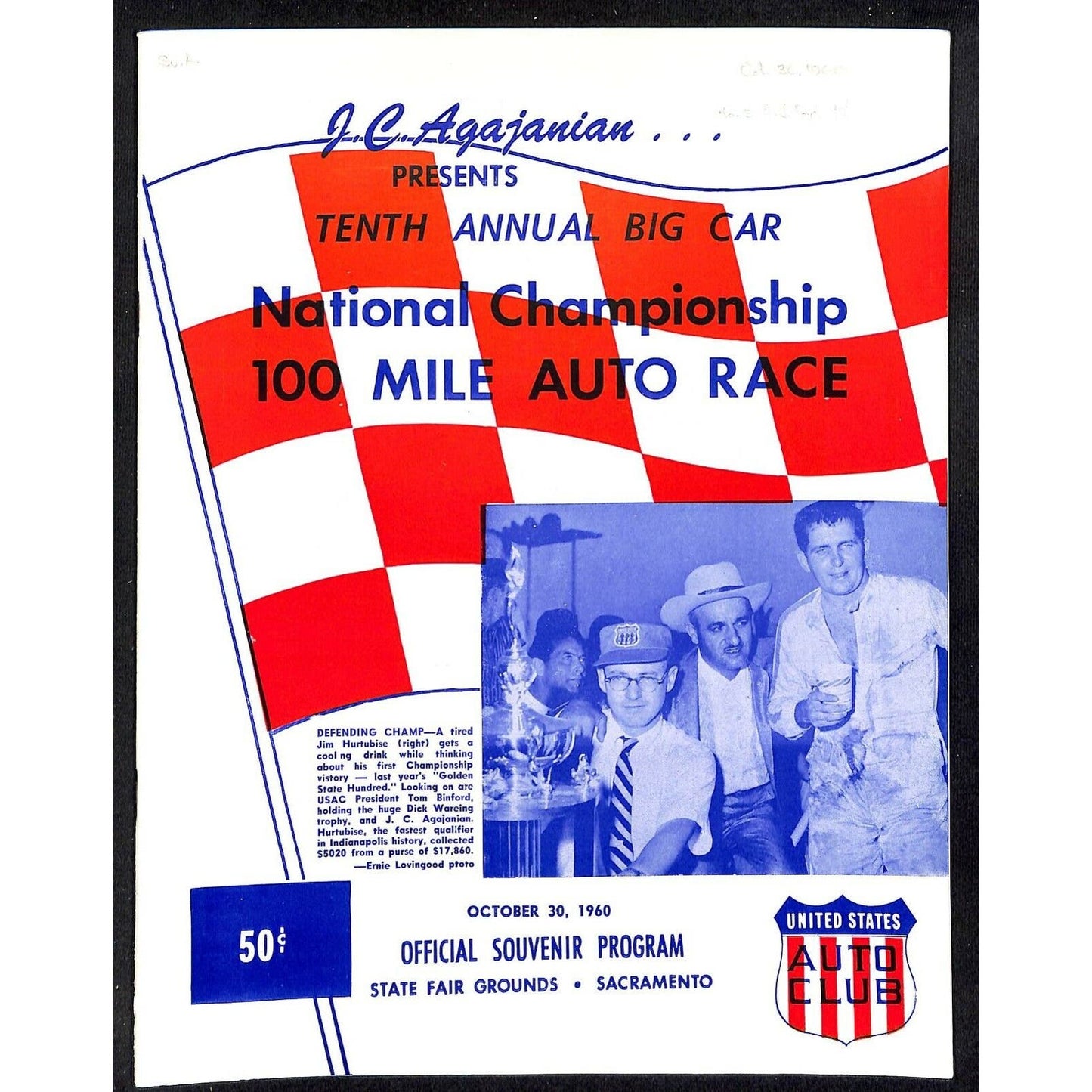 Scarce Oct 30 1960 Sacramento State Fair USAC Racing Program Big Car 100 Mile