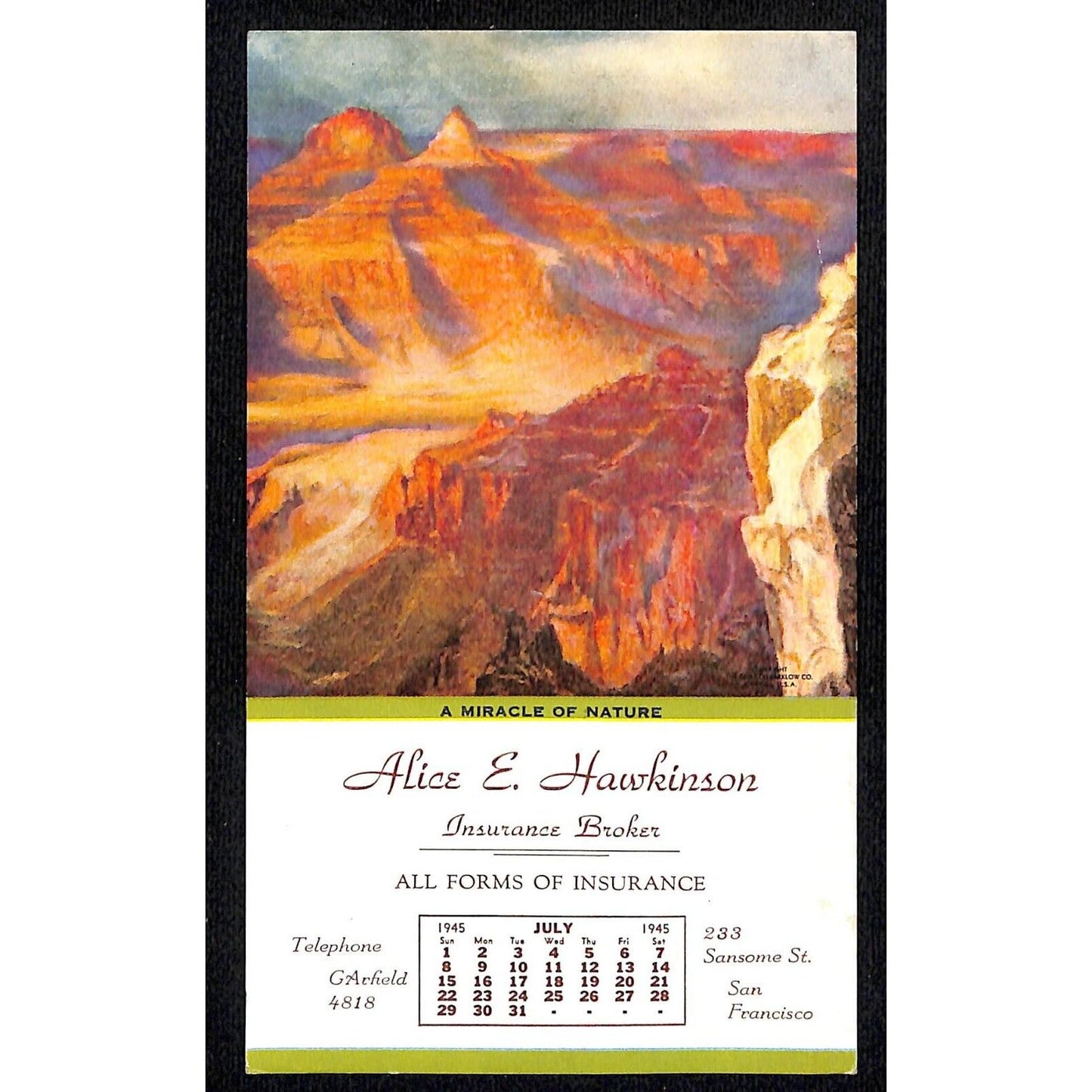 San Francisco Alice E. Hawkinson Insurance Ink Blotter 1945 Grand Canyon