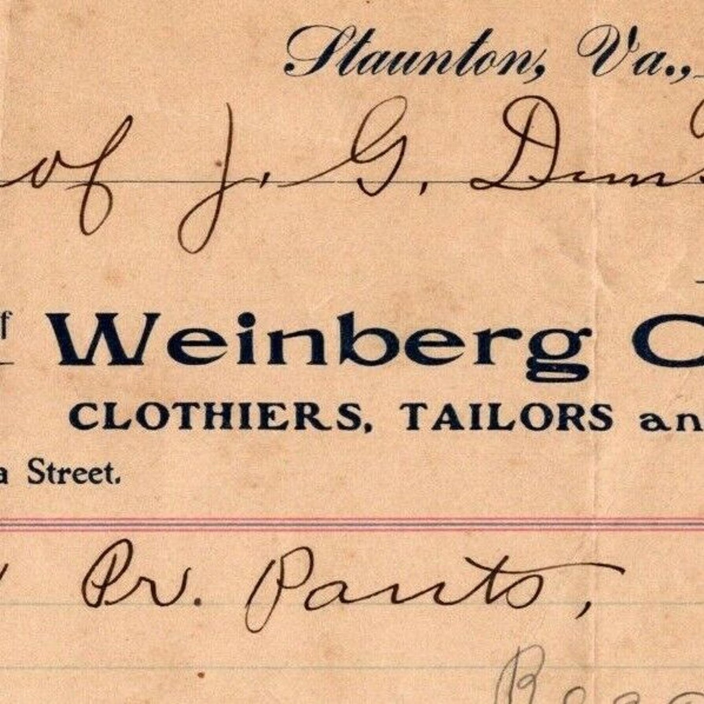 1903 Scarce Weinberg Clothing Co. Tailors Billhead Letterhead Staunton, VA