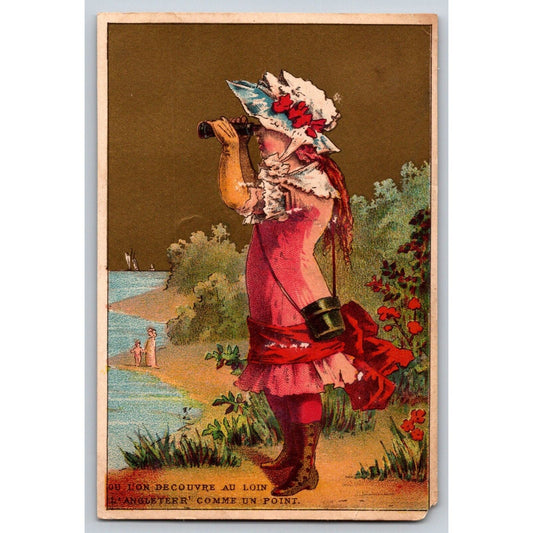 Girl Looks Through Binoculars French Victorian Trade Card Soapine
