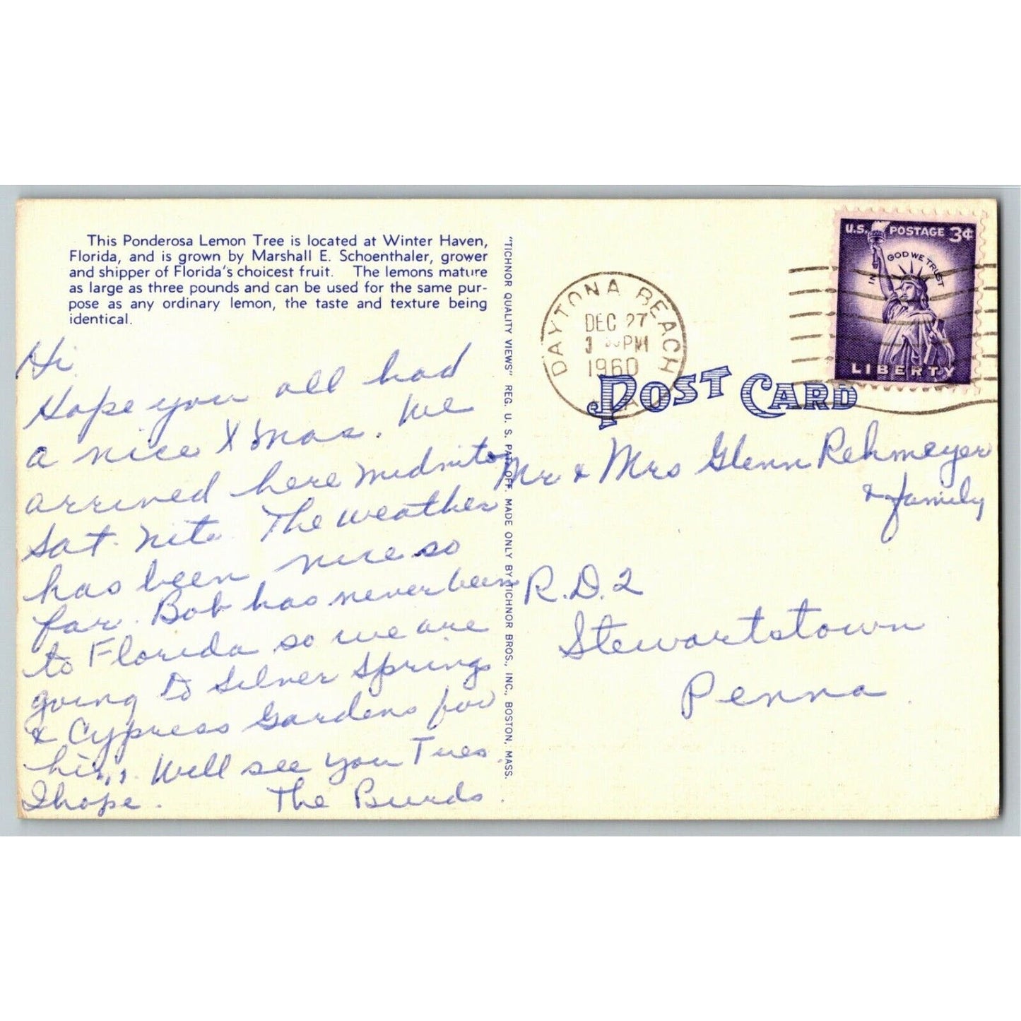 c1960 Vintage Linen Fruit Postcard Florida World's largest Lemons Ponderosa VGC
