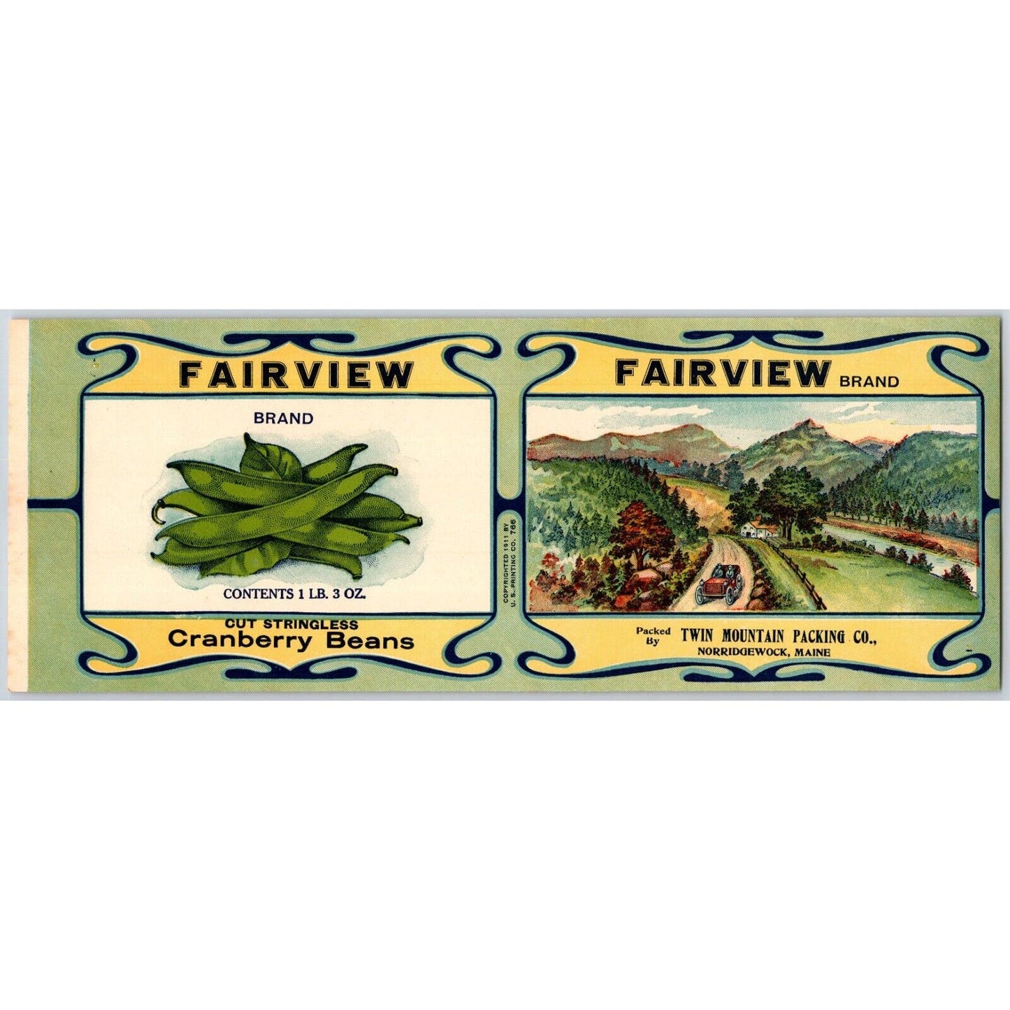 Fairview Cranberry Beans Paper Can Label Norridgewock, Maine c1915 VGC