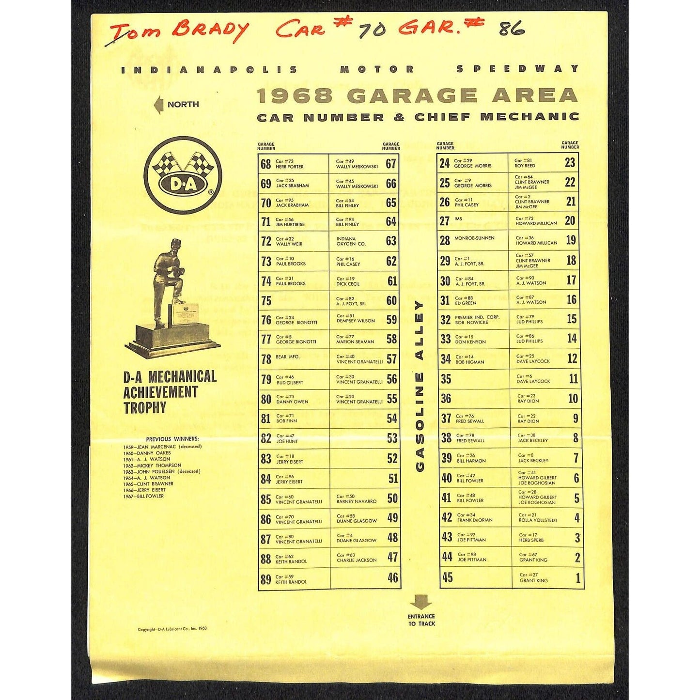 1967 Indy 500 Indianapolis Motor Speedway D-A Garage Area Sheet +3pp USAC Letter
