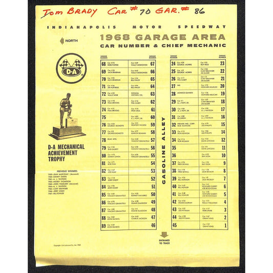 1967 Indy 500 Indianapolis Motor Speedway D-A Garage Area Sheet +3pp USAC Letter