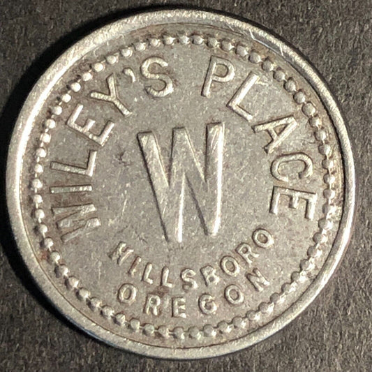 Wiley's Place Hillsboro Oregon G/F 5c Trade Token "W" White Metal 21mm