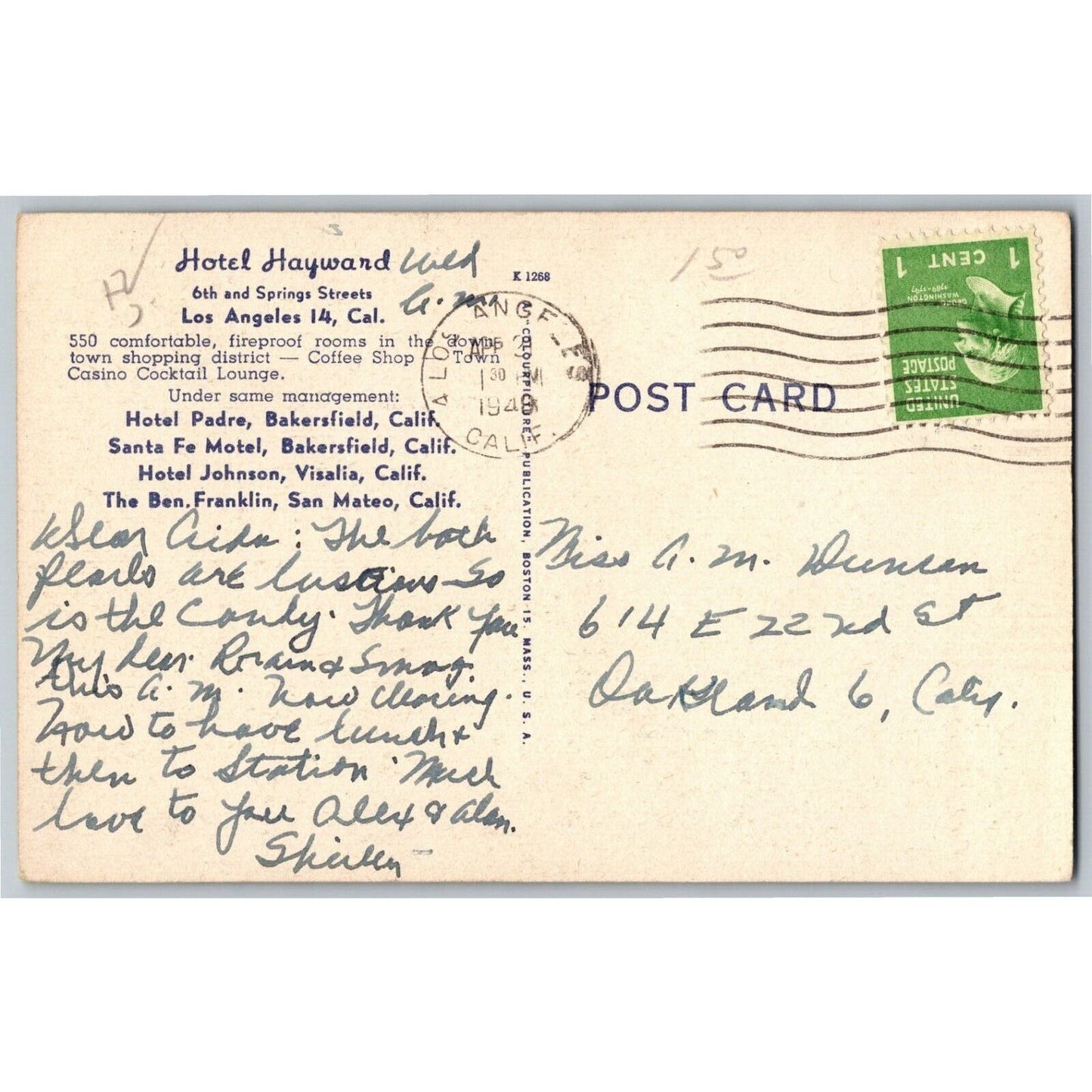 Hotel Hayward Los Angeles, Cal Linen Postcard PM c1948 ? VGC