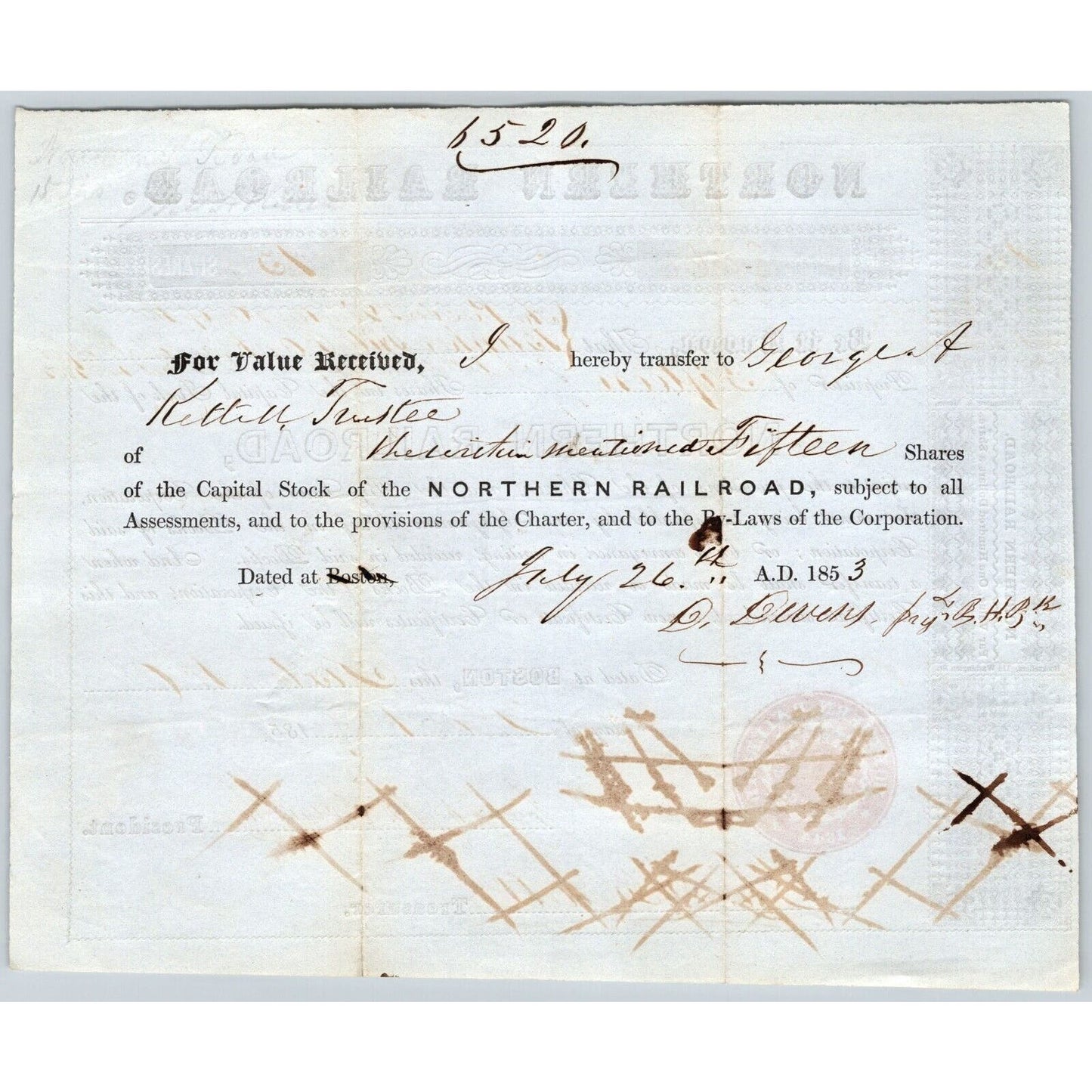 1852 Boston, MA Northern Railroad Stock Certificate No. 8860 for 15 Shares