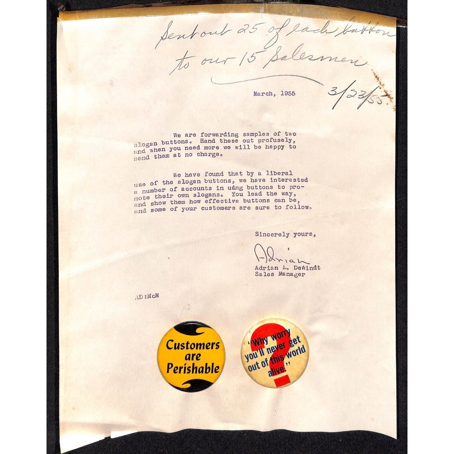 1955 Slogan Pinback Buttons on Catalog Salesman's Sample Sheet