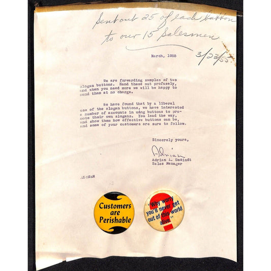 1955 Slogan Pinback Buttons on Catalog Salesman's Sample Sheet