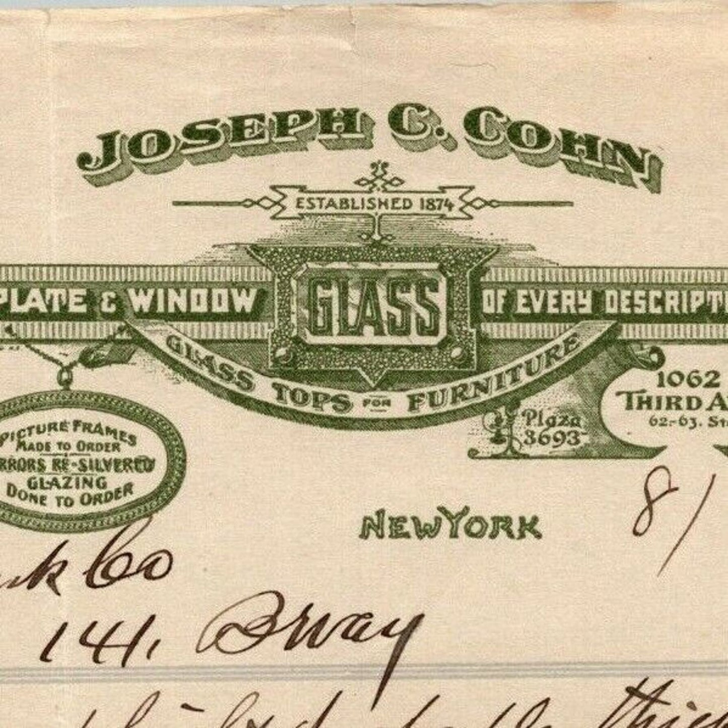 1915 "Joseph & Cohn" Plate Window Frame Glass Billhead Letterhead Third Ave NYC