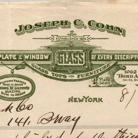 1915 "Joseph & Cohn" Plate Window Frame Glass Billhead Letterhead Third Ave NYC