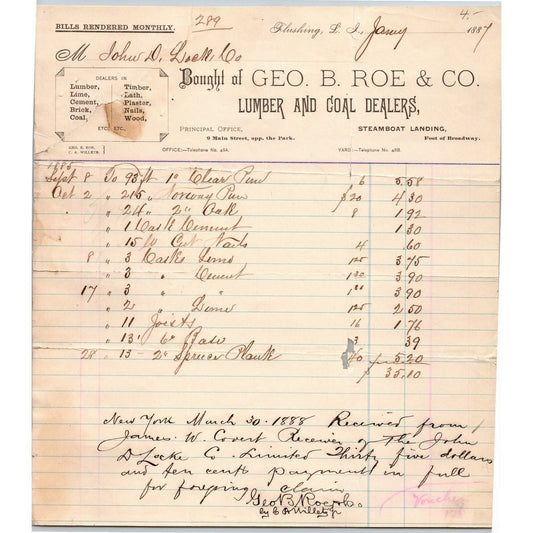 Geo. B. Roe & Co. 1887 Letterhead Flushing, LI NY Lumber Coal Timber Lime Lath