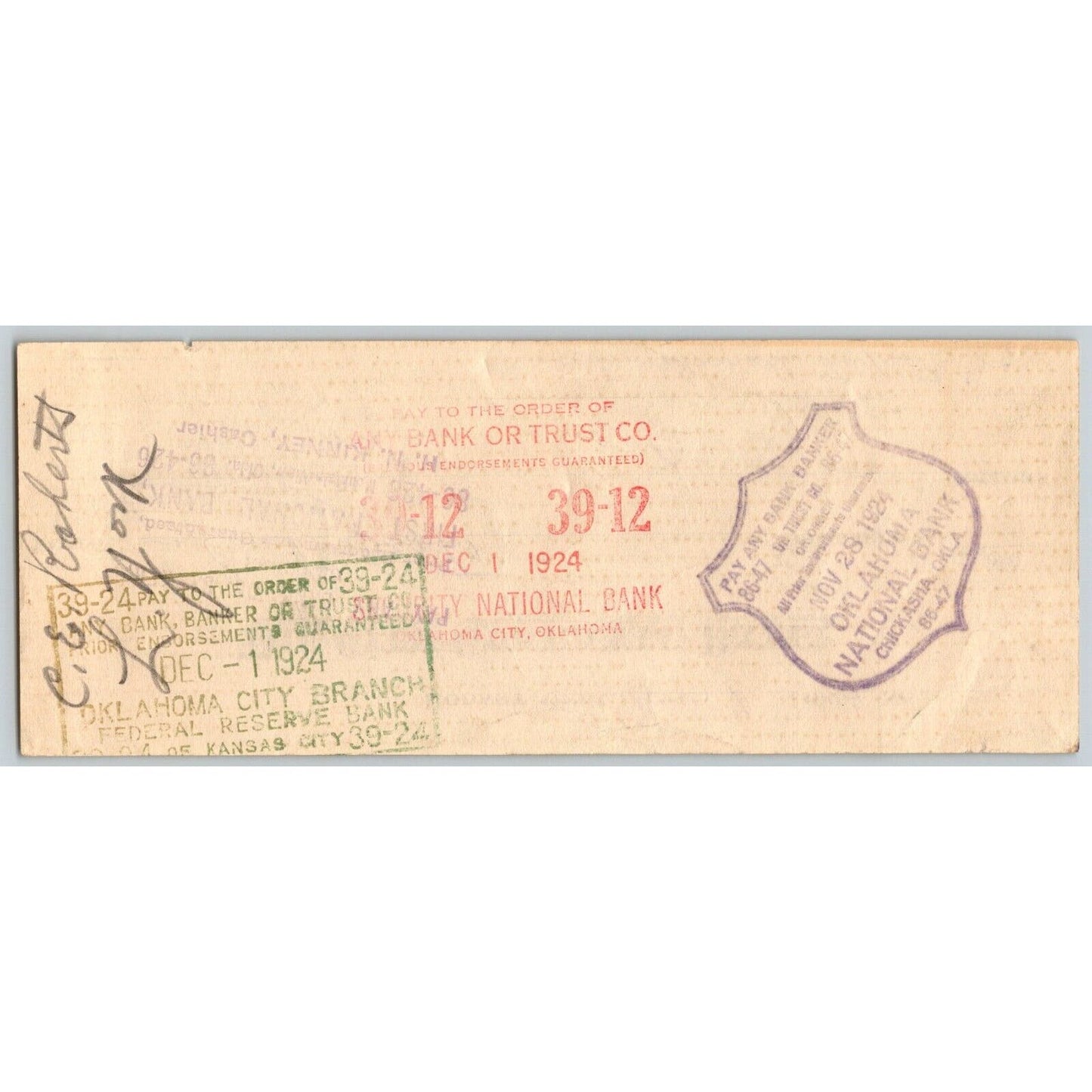 Hobart, Oklahoma 1924 City Guaranty Bank Check