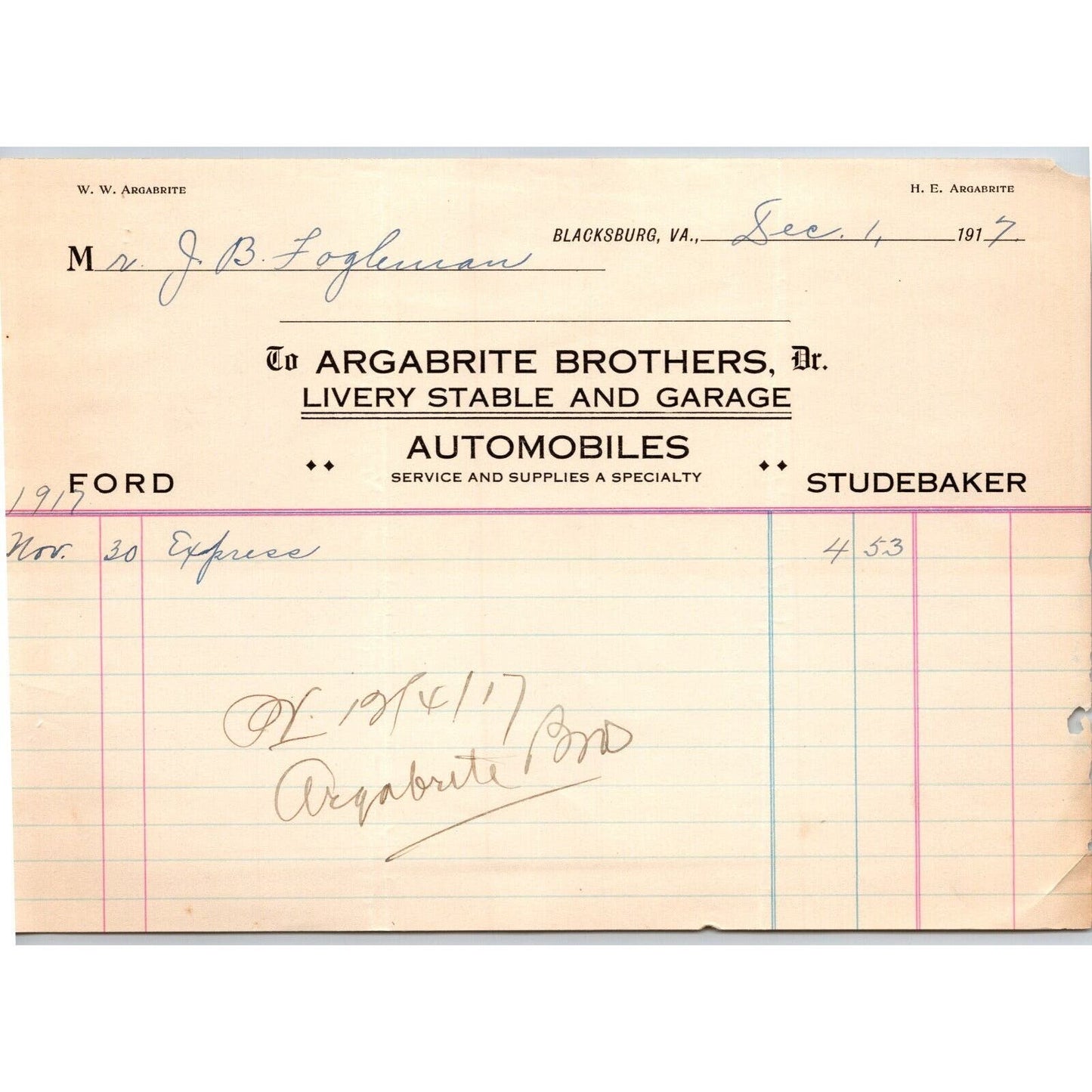 Blacksburg, VA Argabrite Brothers Studebaker Ford Livery Stable 1917 Billhead