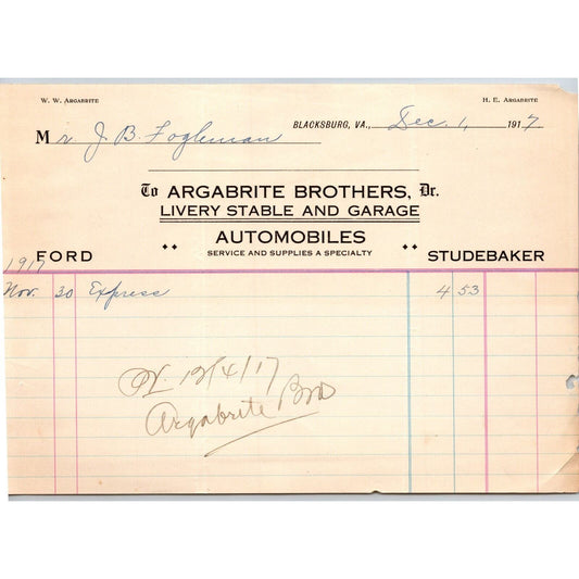 Blacksburg, VA Argabrite Brothers Studebaker Ford Livery Stable 1917 Billhead