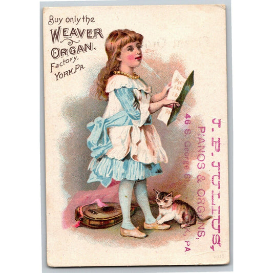J.P. Julius Pianos & Organs York PA Victorian Trade Card Cat Plays w/ Girl