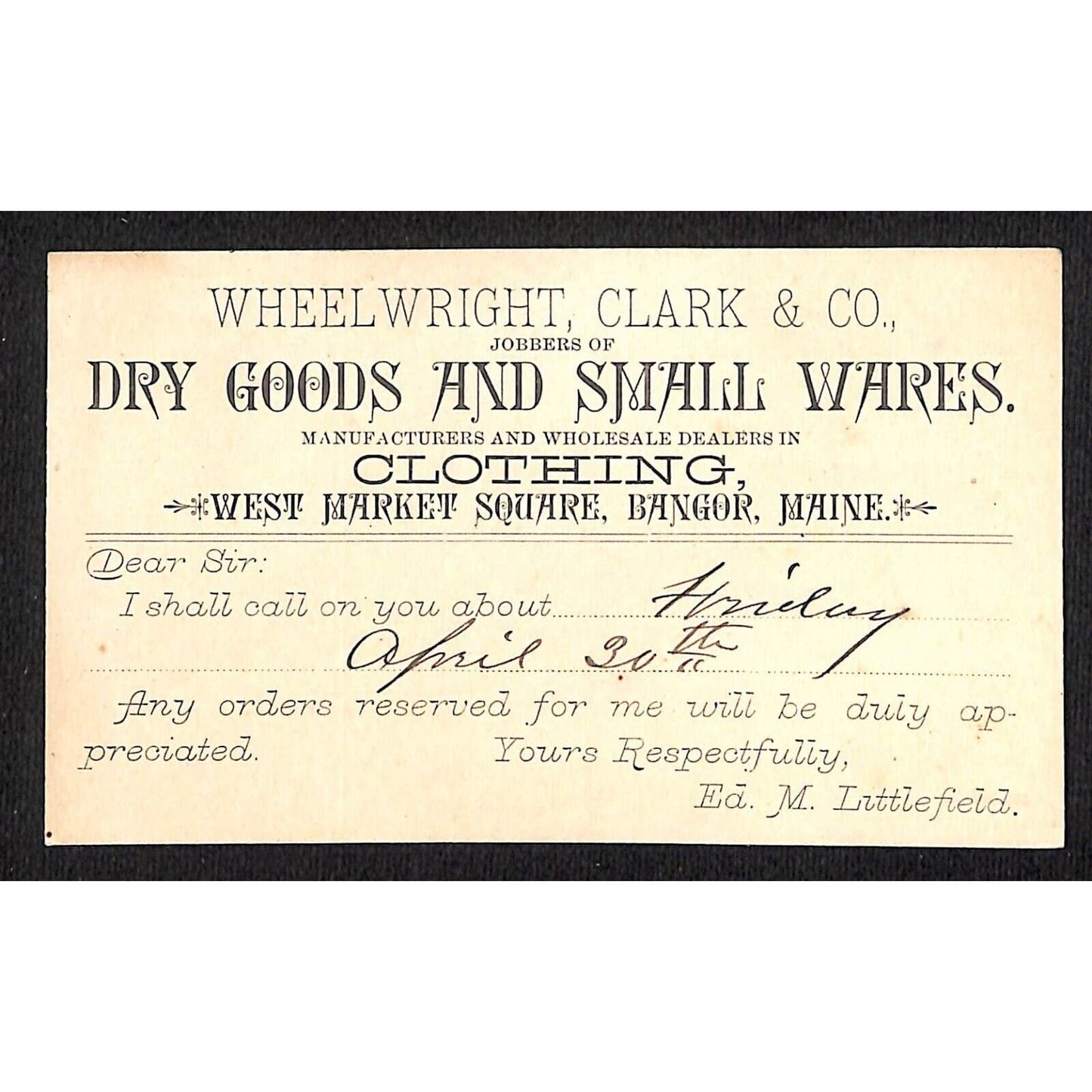 Bangor, ME Wheelwright, Clark & Co. c1900 Clothing Advertising Postal Card VGC