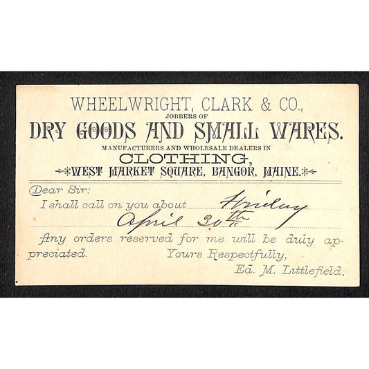 Bangor, ME Wheelwright, Clark & Co. c1900 Clothing Advertising Postal Card VGC