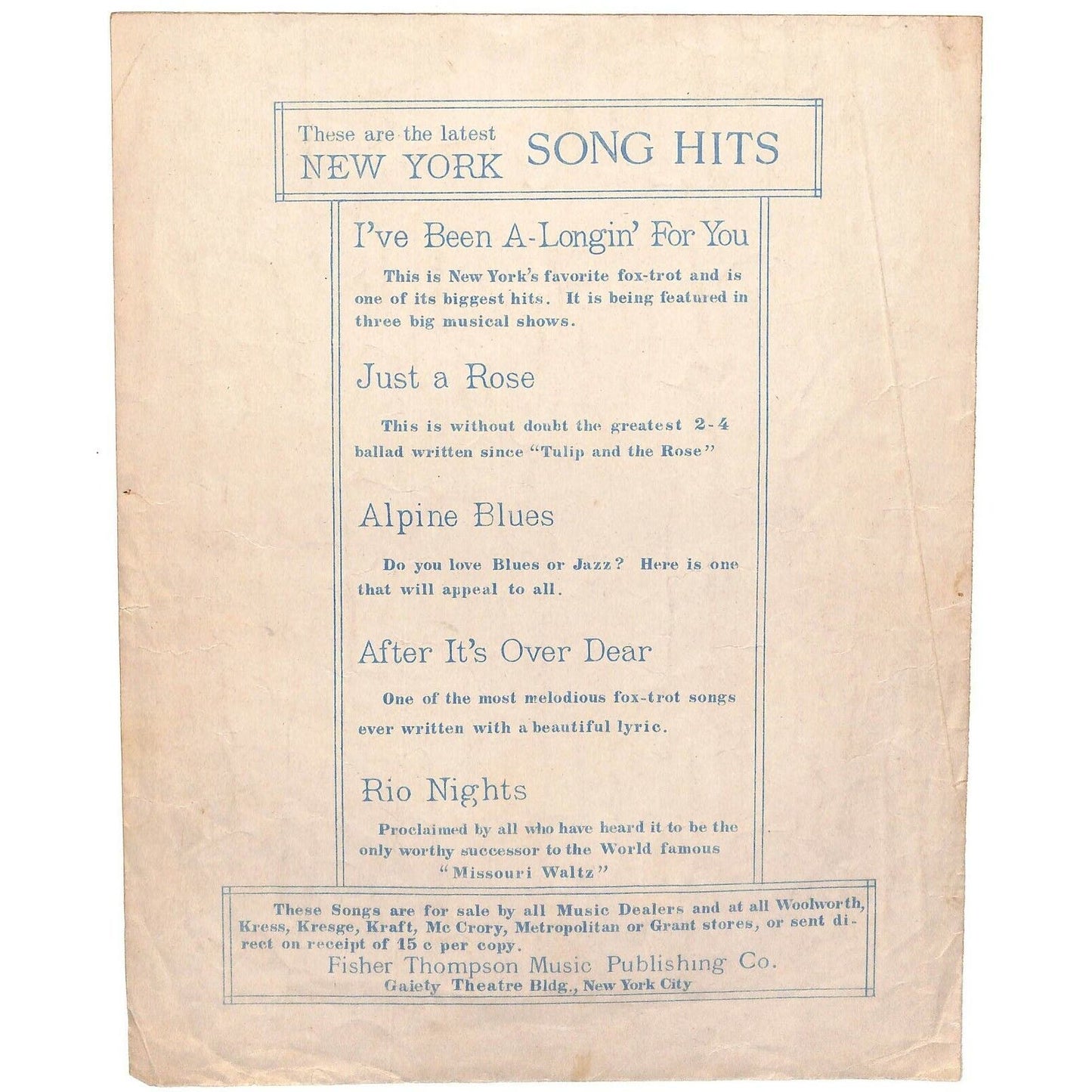 Vintage Post WWI Era 1920 Sheet Music "Rio Nights"