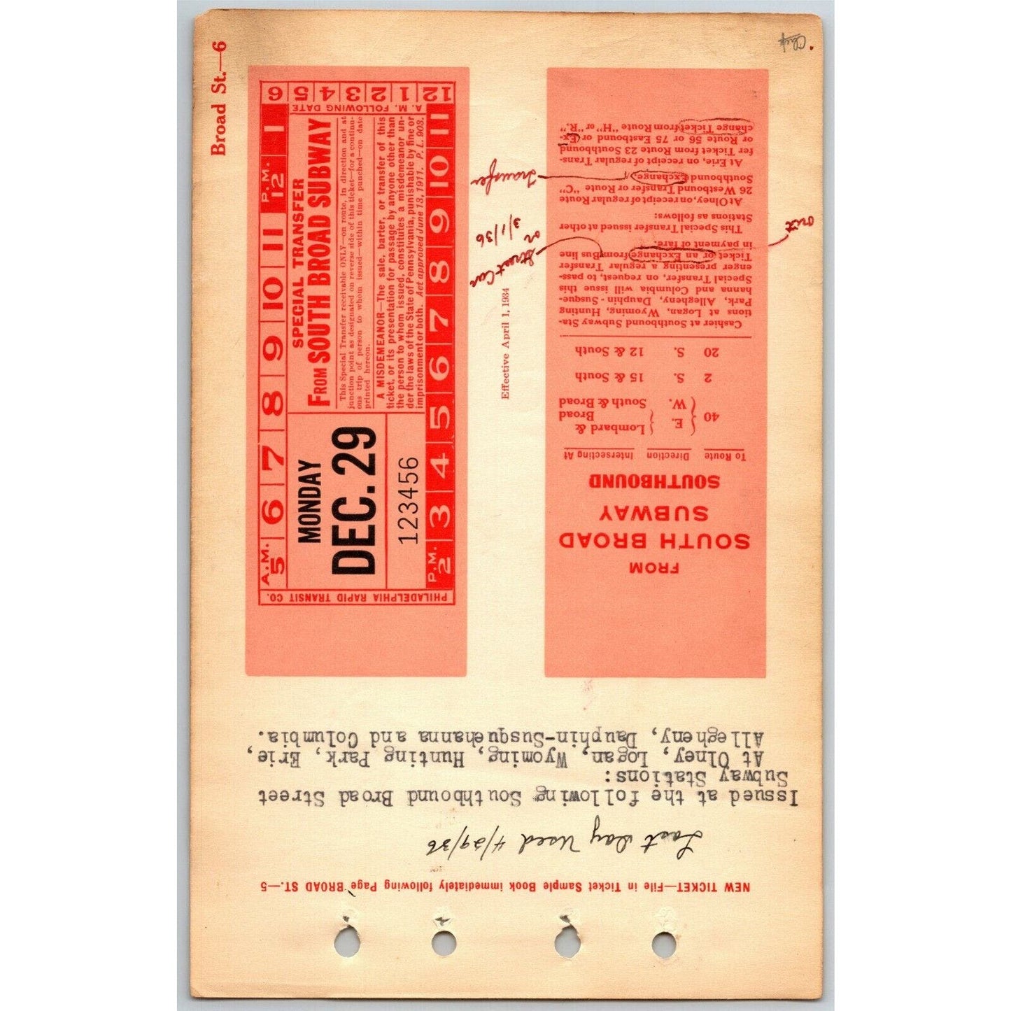 Philadelphia Rapid Transit c1934 Page from Bus Subway Ticket Sample Book (0007)