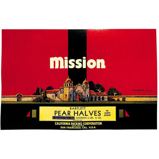 1948 Paper Fruit Can Label Mission Brand Bartlett Pear Halves VGC Scarce