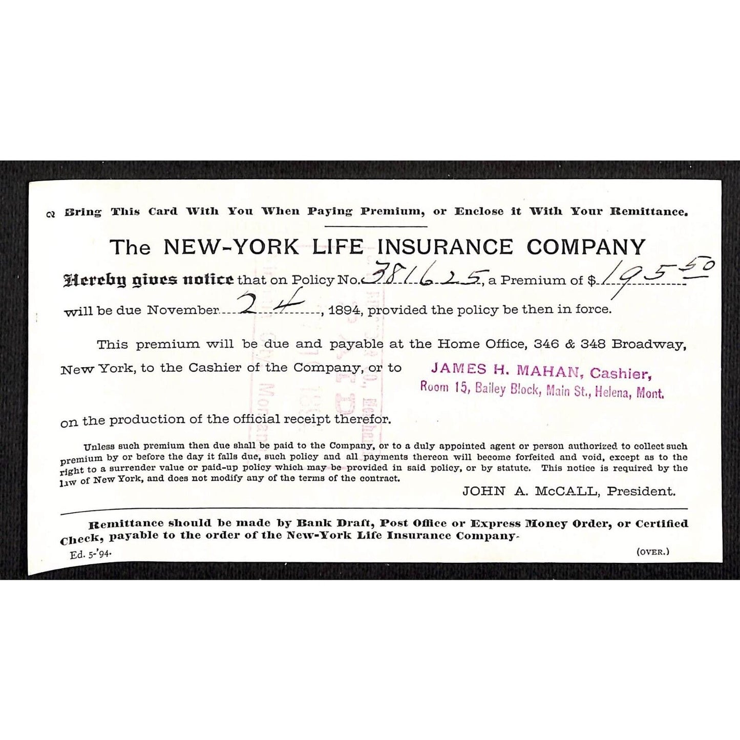 1894 New York Life Insurance Premium Notice Card - VGC
