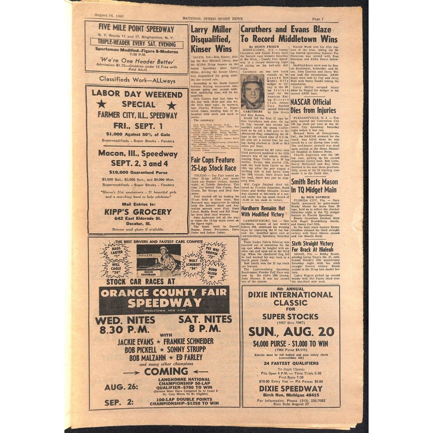 National Speed Sport News 8/16 1967 Dosher & Bowsher Wins Racing 23pp