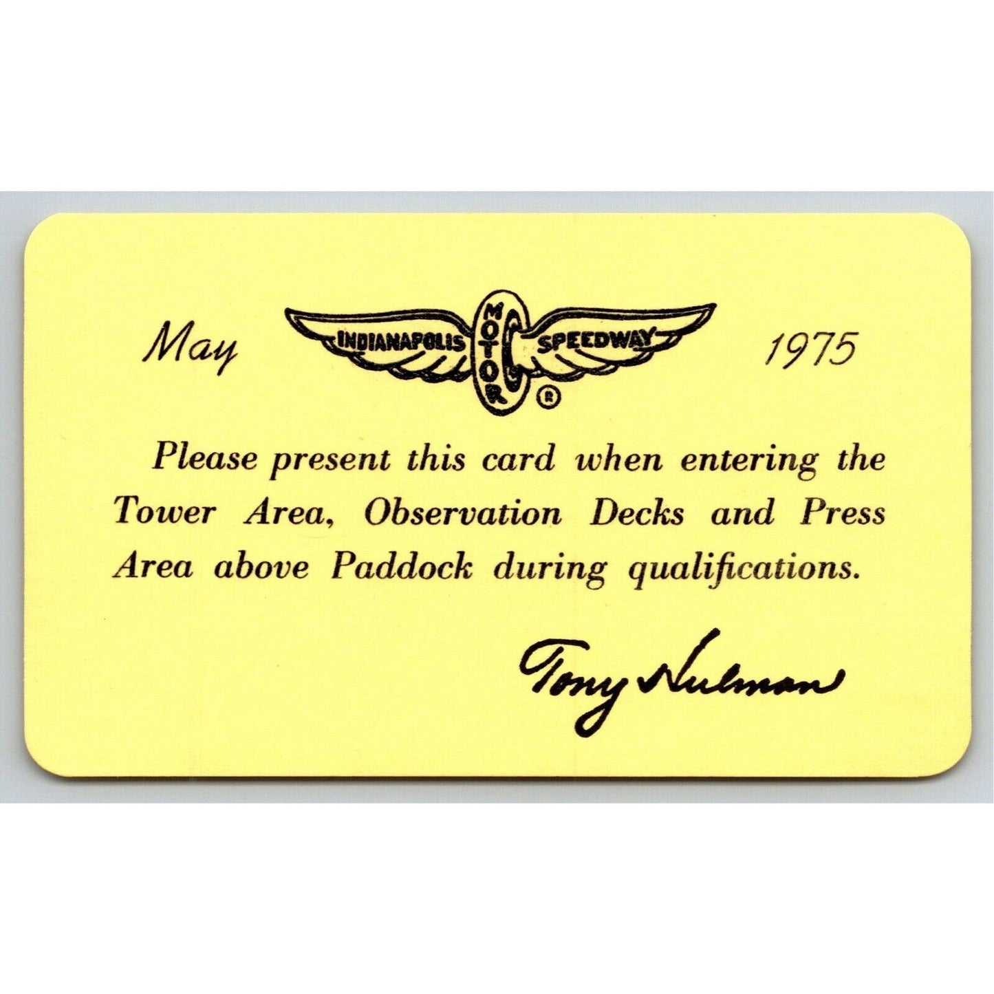 1975 Indy 500 Tower / Press Practice Ticket Pass Card Indianapolis IMS VGC