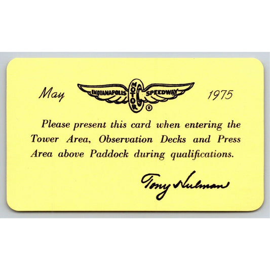 1975 Indy 500 Tower / Press Practice Ticket Pass Card Indianapolis IMS VGC