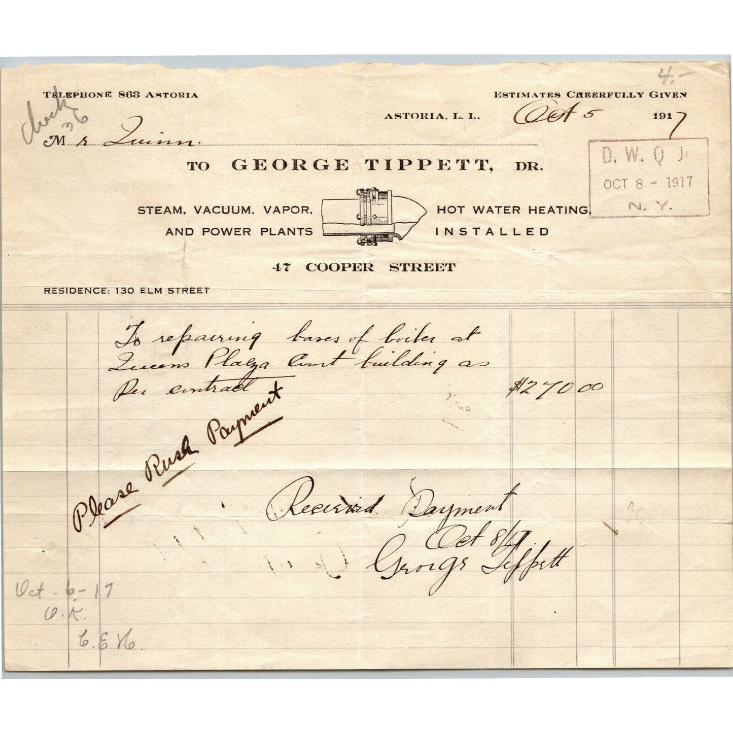1917 Astoria LIC, NY Letterhead George Tippet Steam Vacuum Vapor Power Plants