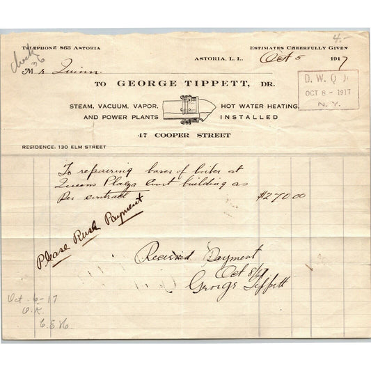 1917 Astoria LIC, NY Letterhead George Tippet Steam Vacuum Vapor Power Plants