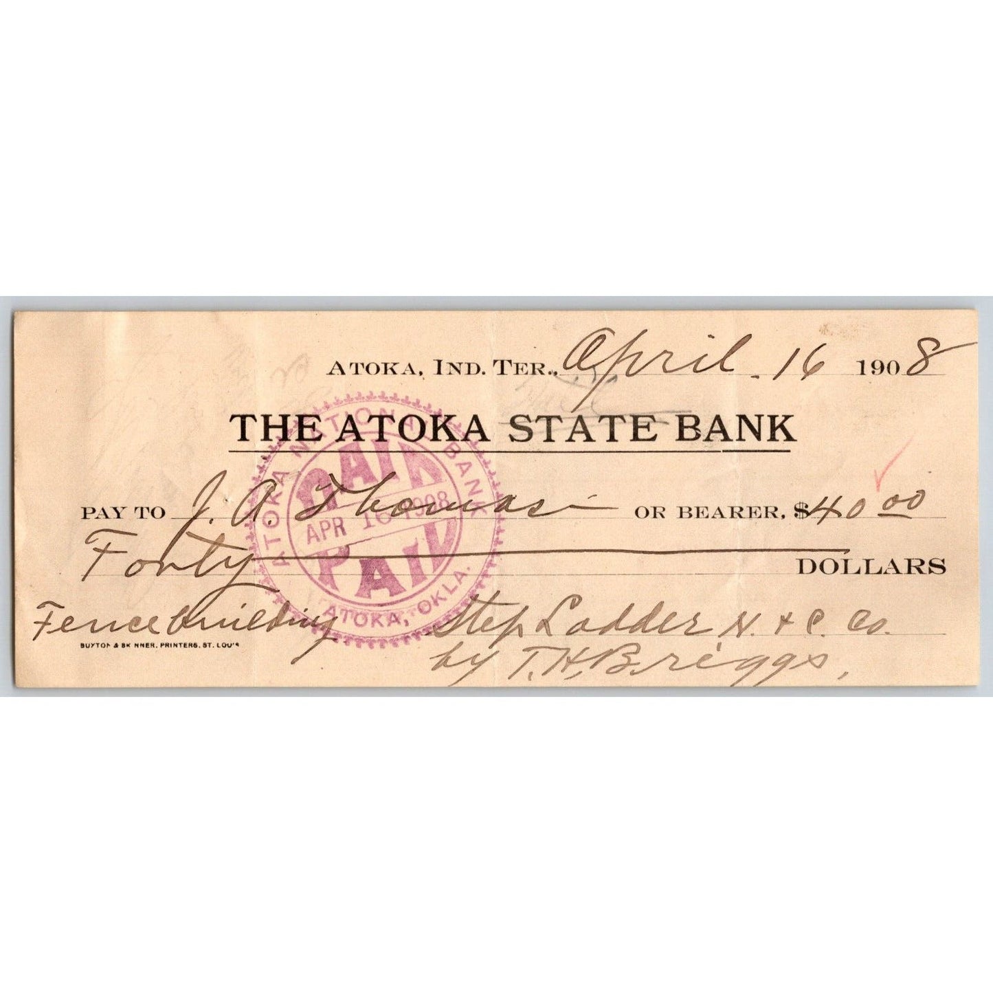 Atoka, OK 1908 Indian Territory* "The Atoka State Bank" Check $40 Scarce