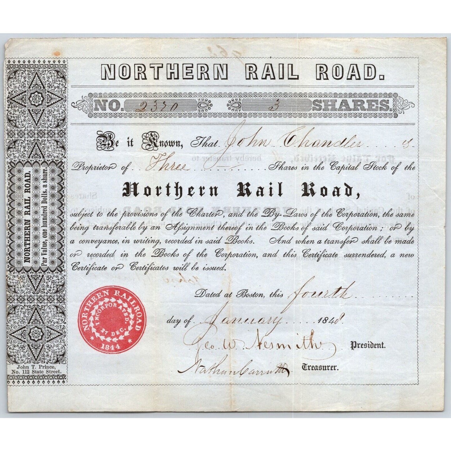 1848 Boston, MA Northern Railroad Stock Certificate No. 2370 for 3 Shares