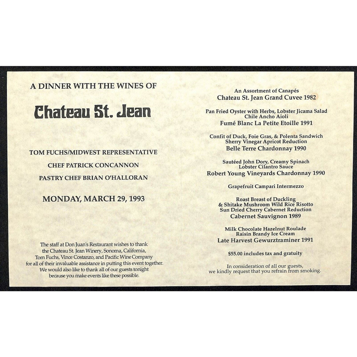1993 Dinner with the Wines of Chateau St. Jean Winery Don Juan's Restaurant Menu