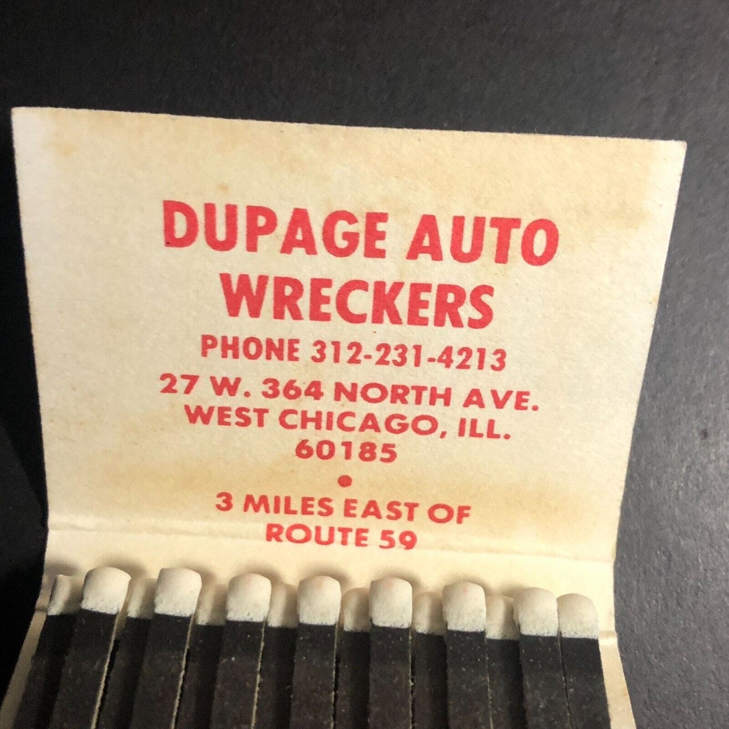 Dupage Auto Wreckers West Chicago "Greetings" Holly Full Matchbook c1974-84 VGC