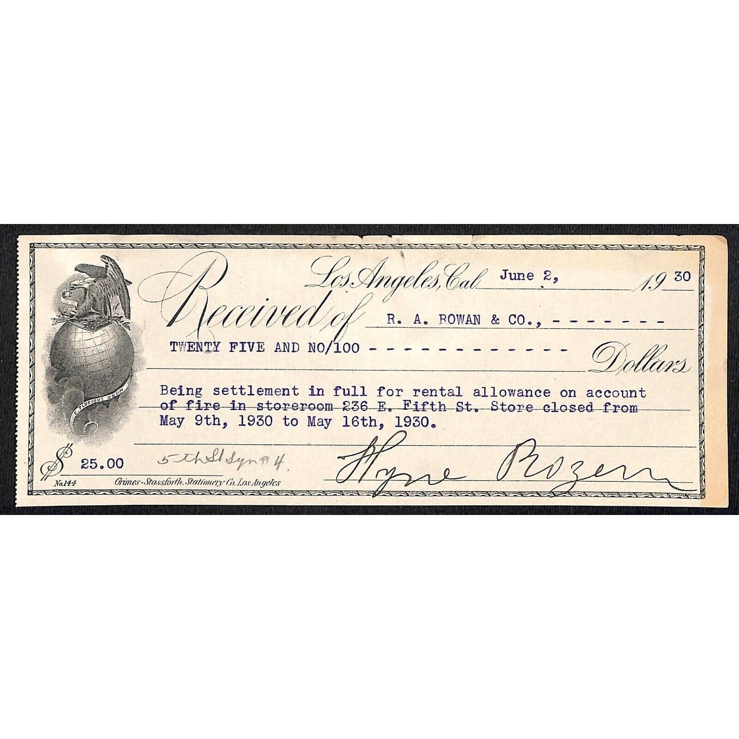 Los Angeles 1930 R.A. Rowan Co. $25 Rental Allowance for Fire Receipt Eagle