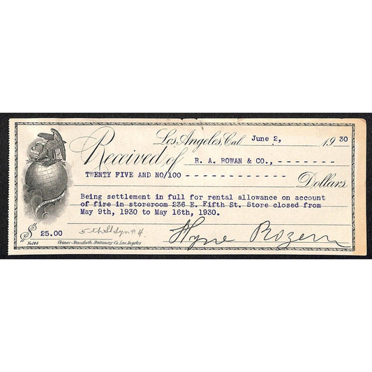 Los Angeles 1930 R.A. Rowan Co. $25 Rental Allowance for Fire Receipt Eagle