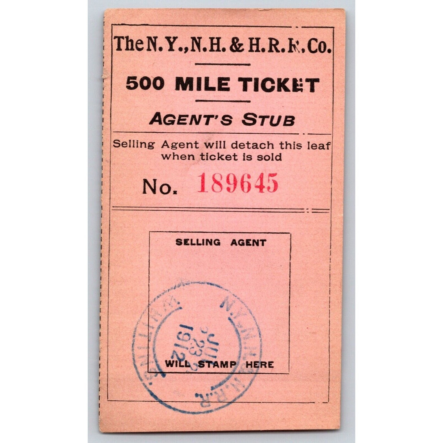 New York, New Haven & Hartford Railroad 1912 500 Mile Ticket Stub #189645 Scarce