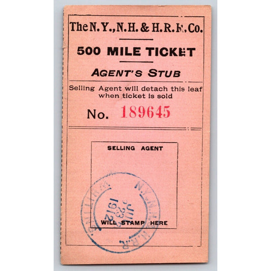 New York, New Haven & Hartford Railroad 1912 500 Mile Ticket Stub #189645 Scarce