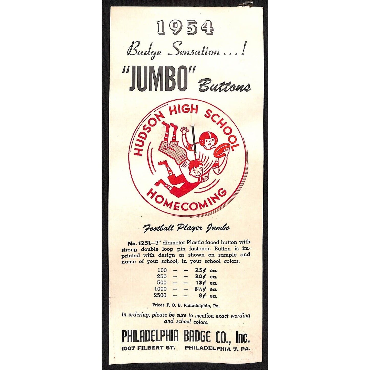 1954 School Team Pinback on Phila. Badge Co. Catalog Salesman's Sample Card